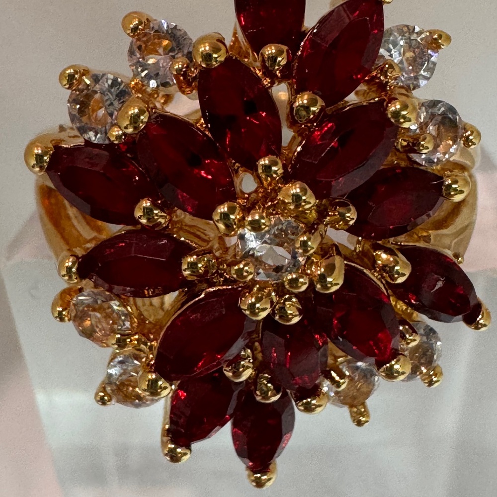 Vintage Gold Electroplated Ring Cocktail Size 10 Marquise Shaped Cut Red Crystal